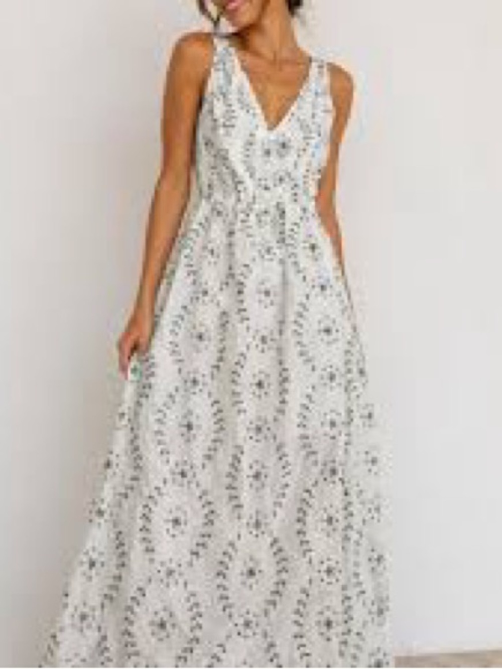 a new day White Sundress with Green Floral Vine Print